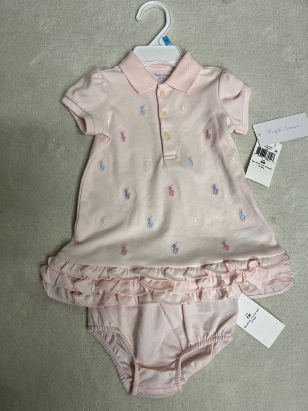 Ralph Lauren Ruffled Polo Dress & Bloomers Delicate Pink with Embroidered Ponies